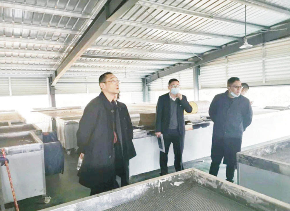 (图为∶谭军一行在茶场车间察看工程进度)